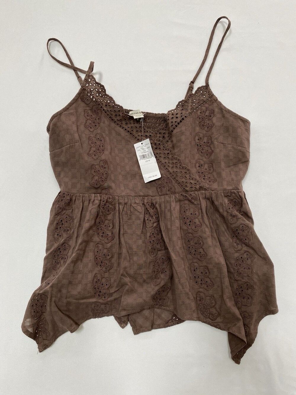 American Eagle Boho Chocolate Brown Eyelet Cami Top Handkerchief Hem
